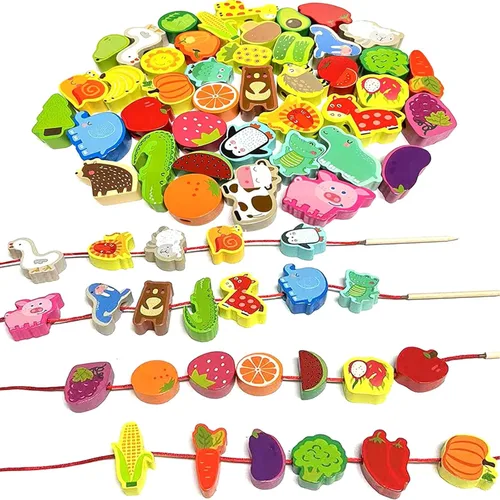 46 piezas Montessori de madera con cordones de juguetes para niños pequeños, animales educativos para atar frutas, granjas, roscado, cuentas Arcoír