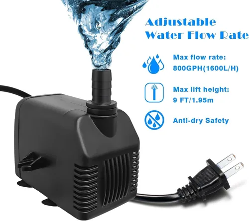 Miniatura 4 de Bomba de agua sumergible de 800 GPH (3000 L/H, 24 W), bomba de fuente ultra silenciosa con 2 boquillas, cable de alimentación de 6.5 pies