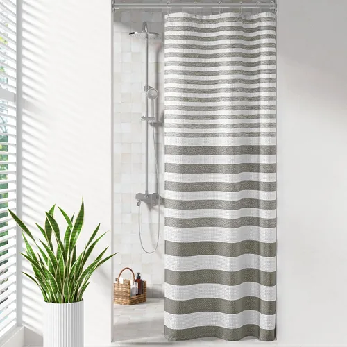 Miniatura 62 de Madison Park Cortina de ducha de tejido waffle con diseño a rayas en piezas, cortina de ducha de tela para baño con gestión de humedad 3M Rayas Taupe