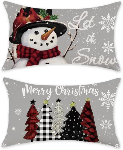 Miniatura 10 de TAJWE Fundas de almohada navideñas de 12x20, juego de 2, deja caer la nieve, muñeco de nieve, árboles de Navidad, fundas de cojín lumbares negras