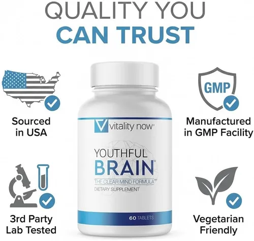 Miniatura 6 de Youthful Brain Suplemento de apoyo para la salud de la memoria y el cerebro con Bacopa Monnieri, Ginkgo Biloba, B12 - Tabletas fáciles de tragar