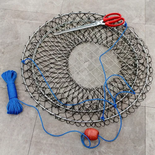 Miniatura 4 de Trampa para cangrejos de doble anillo, red de cangrejo de anillo de acero, parte superior de 24 pulgadas, parte inferior de 20 pulgadas, cuerda