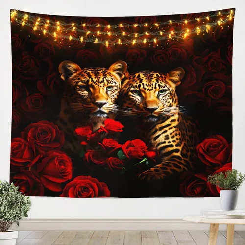 Miniatura 6 de Tapiz femenino de flores de rosas rojas, tapiz de pared para el día de San Valentín, decoración de habitación de niñas y mujeres, cielo estrellado