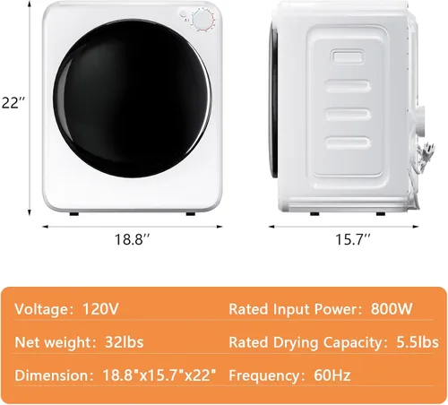 Miniatura 6 de DOGHLY - Secadora de ropa portátil de 1.6 pies cúbicos, secadora compacta de 800 W con bañera de acero inoxidable, 5 modos de parada automática