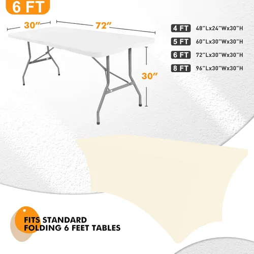 Miniatura 2 de Paquete de 2 fundas de mesa ajustadas rectangulares de spandex de 6 pies, color beige, mantel de tela elástica sin arrugas para fiestas, ferias