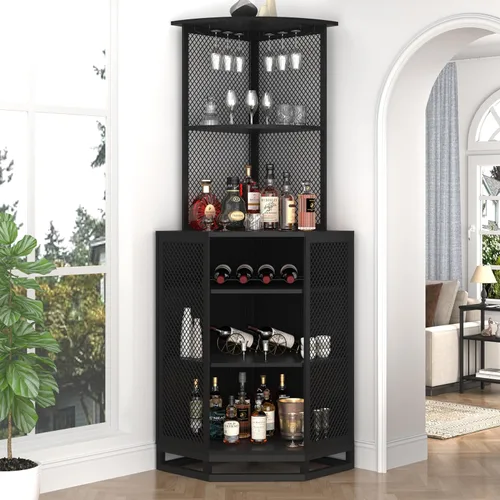 IBF Armario esquinero de 71 pulgadas de alto para vino con soporte para vidrio, almacenamiento de licor industrial de 5 niveles con estante