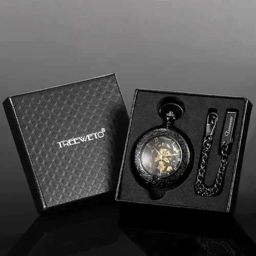 Miniatura 5 de Steampunk esqueleto mecánico de cobre Fob Retro reloj de bolsillo, Negro -, Mecánico