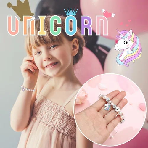 Miniatura 3 de Hidepoo Pulsera de unicornio - Pulsera de perlas rosas y bolas de diamantes de imitación con inicial de corazón, pulseras de unicornio, joyería
