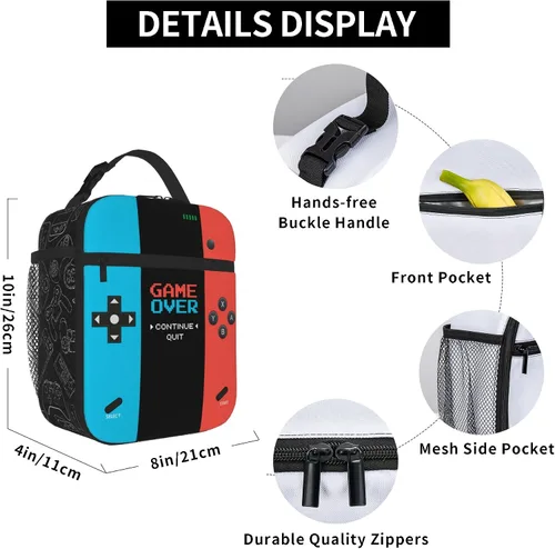 Miniatura 6 de Lonchera aislada para videojuegos, lonchera para niños y niñas, reutilizable, portátil, con asa desmontable (rojo neón y azul)