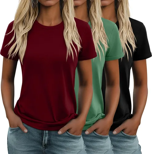 Miniatura 32 de Huukeay Paquete de 3 camisetas de algodón para mujer, estilo casual, de manga corta, cuello redondo, ajuste holgado, básica, lisa