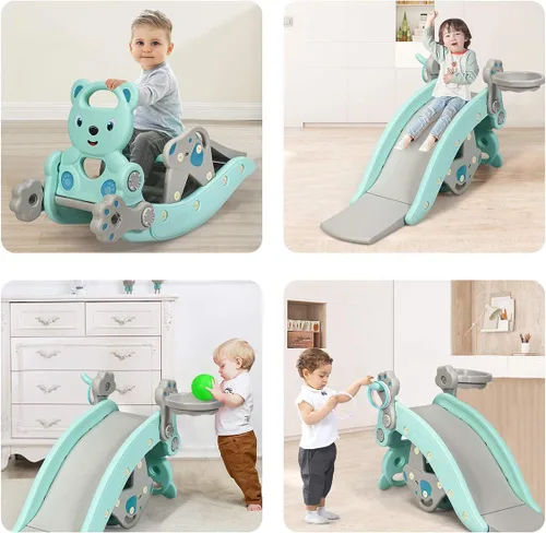 Miniatura 3 de Costzon - Juego de tobogán para niños pequeños de 5 en 1, juguete con columpio, tobogán para niños con taburete desmontable, aro de baloncesto