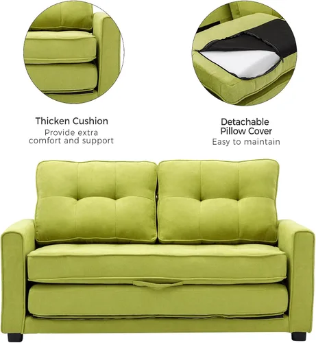 Miniatura 4 de Sofá cama convertible moderno con cama extraíble y dos bolsillos laterales, sofá biplaza de felpilla para sala de estar, apartamento, oficina (verde)
