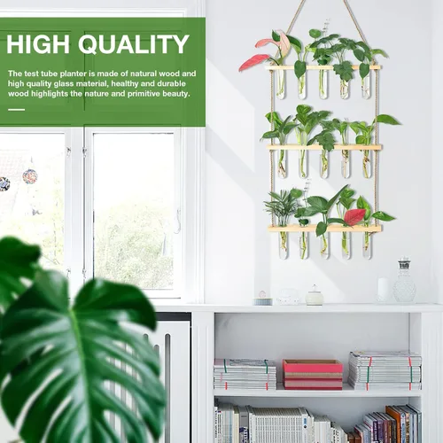 Miniatura 4 de XXXFLOWER Estación de propagación para colgar en la pared con soporte de madera, 5 tubos de ensayo de vidrio, 3 niveles, terrario de pared