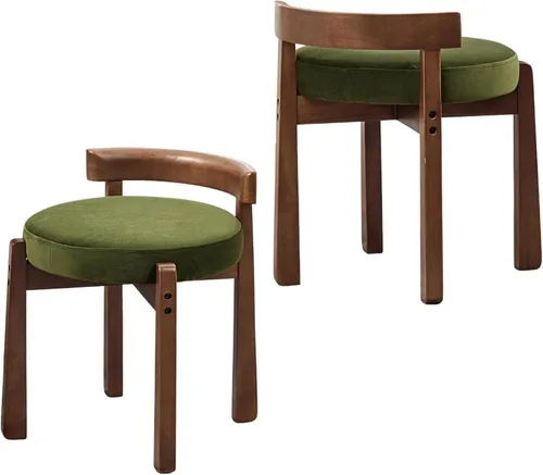 Miniatura 14 de HEAH-YO Silla de tocador de madera con respaldo, reposapiés otomano pequeño tapizado de felpilla, silla de maquillaje moderna de mediados de siglo