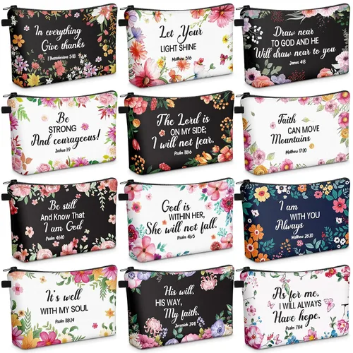 Miniatura 8 de Chunful 12 Piezas Regalos Cristianos Inspiradores Bolsas de Maquillaje Religiosas a Granel para Mujeres Bolsa de Cosméticos con Versículos Bíblicos