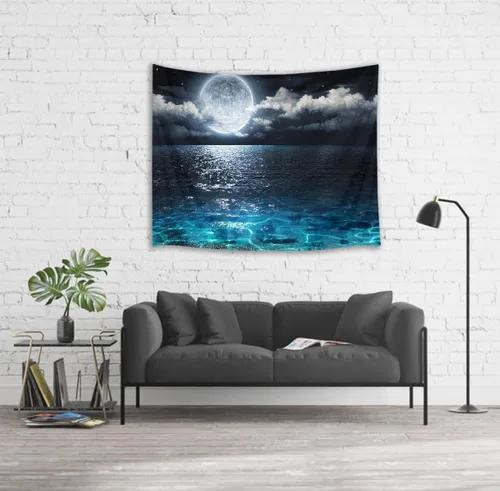Miniatura 5 de LB Tapiz de cielo nocturno, luna llena en el mar, tapiz para colgar en la pared, tapiz de nube blanca de fantasía, tapiz de acuarela, arte de pared