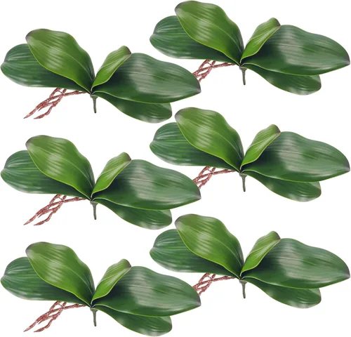 Miracliy Orquídeas falsas, paquete de 6 hojas de orquídeas artificiales, tallos de vegetación sintética para jarrón, estante, escritorio, decoración
