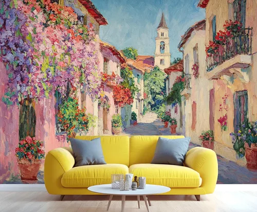 Miniatura 26 de Papel tapiz 3D de bicicleta rosa vintage, murales de flores de paisaje de primavera para sala de estar, pintura al óleo, papel tapiz rústico