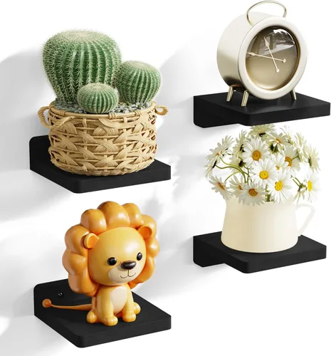 Miniatura 11 de SRIWATANA Pequeños estantes flotantes montados en la pared, estante de madera para decoración y almacenamiento, juego de 4, mini estante de Negro