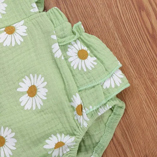 Miniatura 6 de Bebé Niñas Impresión Margarita Algodón Lino Volantes Sin Mangas Mameluco Mono Mono con Headaband Ropa Infantil Verano