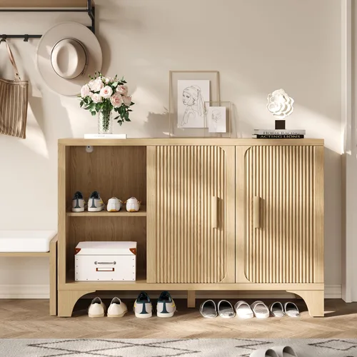 Miniatura 6 de Gabinete de buffet acanalado moderno de mediados de siglo con almacenamiento, aparador decorativo y armario de almacenamiento de credenza