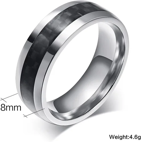 Miniatura 6 de Anillos de acero inoxidable negros para hombres, alianzas de boda para hombre, color plateado y negro, 0.315 in con incrustaciones de fibra