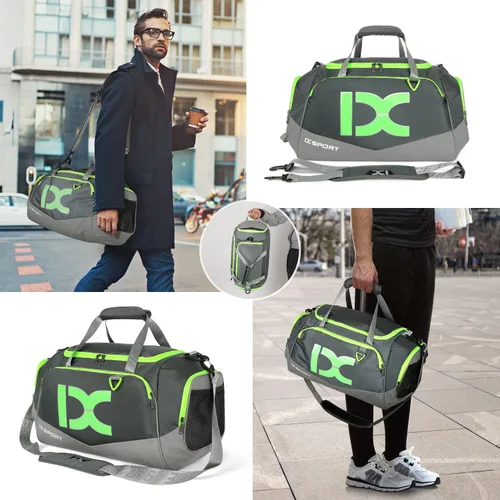 Miniatura 5 de INOXTO Bolsa de deporte de fitness con compartimento para zapatos, impermeable, bolsa de viaje para mujeres y hombres, Gris, verde