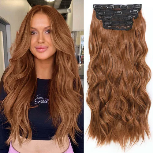 Miniatura 18 de 4 piezas de extensiones de cabello rizado con clip, color dorado oscuro, mezcla de rubio beige, sintético de 20 pulgadas de largo, extensiones