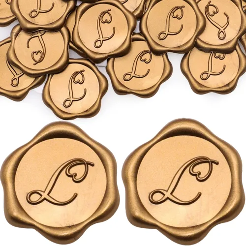 Miniatura 24 de SWANGSA Paquete de 50 calcomanías de sello de cera de letra A, diseño de corazón dorado antiguo, calcomanías de cera inicial para boda, fiesta
