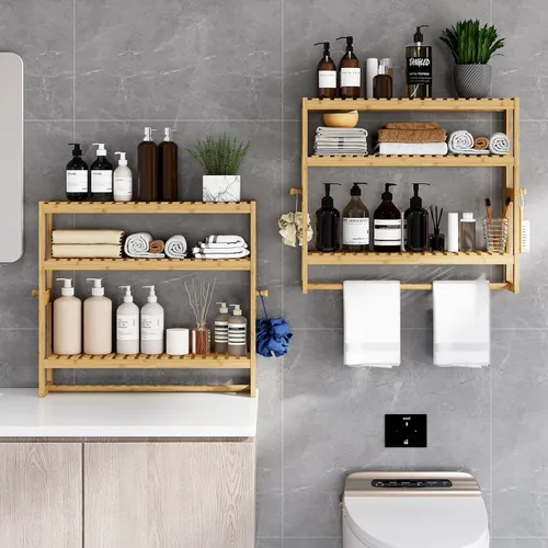 Miniatura 5 de RRX - Estante organizador de almacenamiento para baño, estante ajustable de 3 niveles, color beige Organizador de bambú para almacenamiento sobre