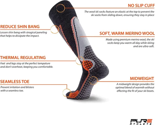 Miniatura 8 de Pure Athlete High Performance Wool Ski Socks - Thermal Warm Merino Wool OTC Sock, Men Women