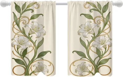 Miniatura 86 de Shrahala Art Nouveau Floral Pattern Blackout Curtain Tiers, Delicate Vine and Flower Design Kitchen Valance Light Blocking Tier Drapes with Rod