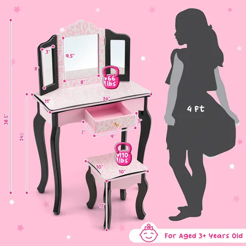 Miniatura 6 de Costzon Juego de mesa y silla para niños, juego de tocador para niñas con espejo y taburete, cajón de almacenamiento, tocador de maquillaje