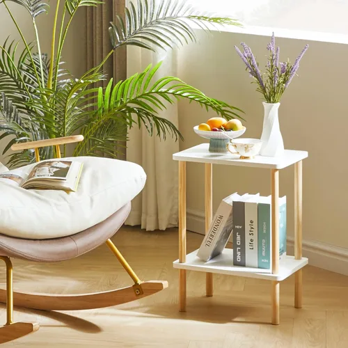 Miniatura 9 de IBUYKE Mesa auxiliar de 2 niveles, mesa auxiliar alta de madera maciza con estantes de almacenamiento, mesita de noche para sala de estar, Blanco