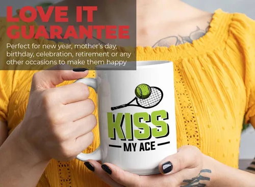 Miniatura 7 de Taza de café de tenis de 15 onzas, color blanco, Kiss My Ace, jugador de tenis, atleta, afición, divertido juego de palabras, sarcasmo, broma