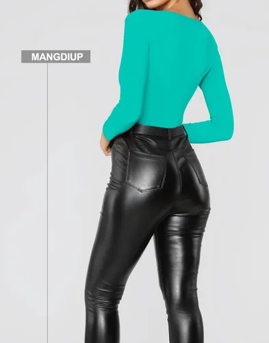 Miniatura 127 de MANGDIUP Body esencial para mujer, cuello redondo, manga larga, ajustado, elástico, de algodón y elastano