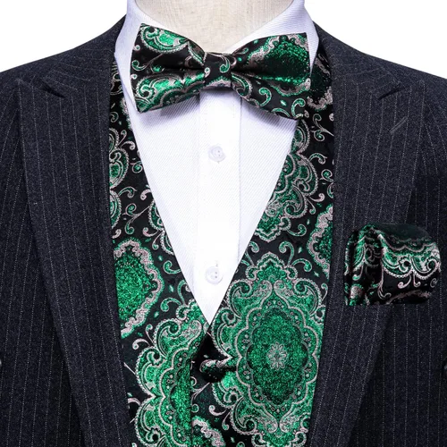 Miniatura 64 de Barry.Wang Conjunto de chaleco de pajarita para hombre, chaleco con cuello en V de seda jacquard de cachemira, gemelos de pañuelo formal/ocio, boda