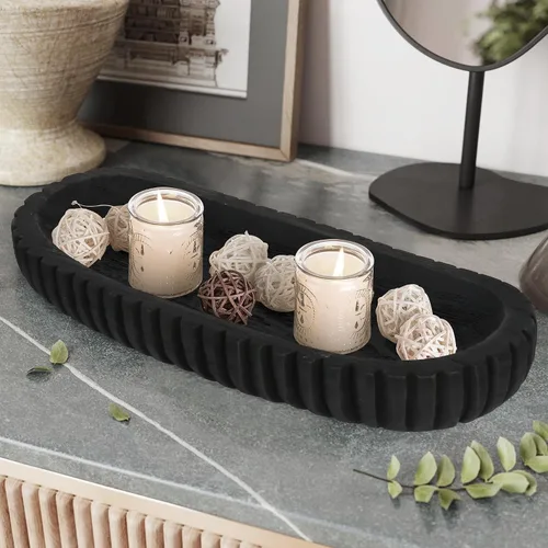 Miniatura 9 de Oakrain Cuenco decorativo de madera para decoración del hogar, cuenco de masa rústico de 16 pulgadas con rayas verticales talladas a mano, bandeja