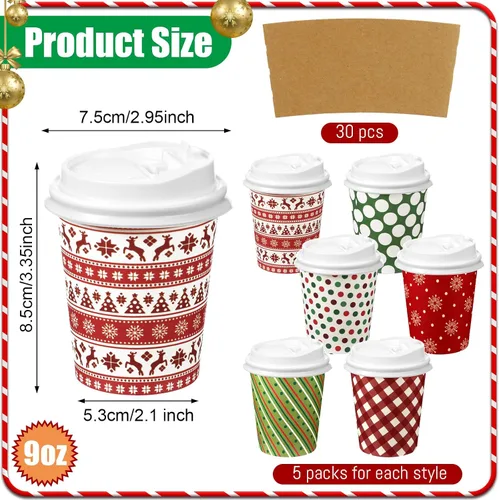 Miniatura 2 de Zhehao 90 piezas/30 juegos de tazas de café de papel navideñas con tapas y fundas, tazas de papel desechables para cacao caliente y fiestas