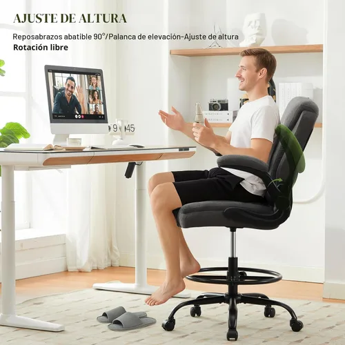 Miniatura 4 de Silla de dibujo alta para escritorio de pie, silla de escritorio alta ergonómica con anillo de pie ajustable, reposabrazos abatibles, soporte Gris