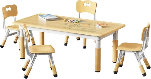 Set de mesa y 4 sillas para niños Brelley, juego de mesa y sillas ajustables en altura para niños pequeños, escritorio con diseño de grafiti, patas