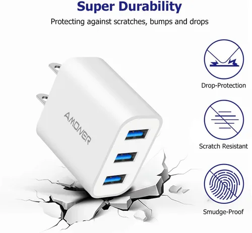 Miniatura 6 de Cargador de pared USB, Amoner Pack de 2 de 15W con 3 puertos USB, bloque de carga en forma de cubo para iPhone 14/13/12/11/X/XR/X/8/7/6, Galaxy