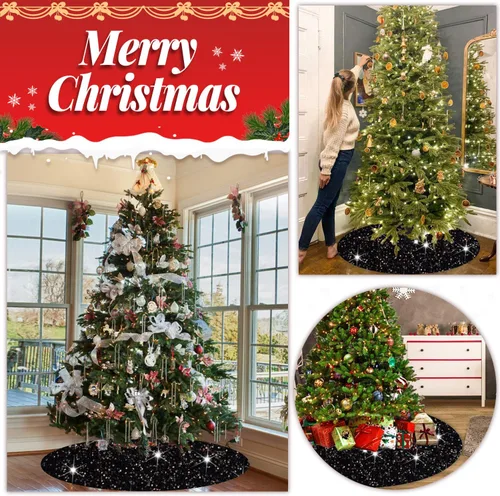 Miniatura 5 de FOTSHARER Falda de Árbol de Navidad Negra de 21 Pulgadas Falda de Árbol de Lentejuelas de Sirena de Terciopelo Faldas de Árbol de Halloween