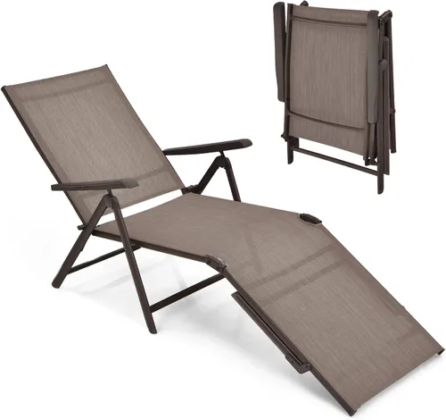 Giantex Sillón de patio plegable, tumbona para tomar el sol al aire libre con respaldo de 5 posiciones, reposapiés de 2 posiciones, marco de acero,