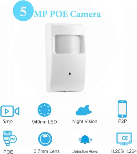 Miniatura 2 de Cámara de seguridad interior POE IP de 5MP, lente de 0.146 in 80 ° 940 nm LED invisibles IR visión nocturna mini PIR IP POE videocámara, detección