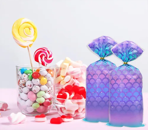 Miniatura 5 de PENTA ANGEL 50 bolsas de regalo de fiesta de sirena, 50 unidades, de plástico, planas, celofán, dulces, golosinas, bolsas de panadería con 50 lazos