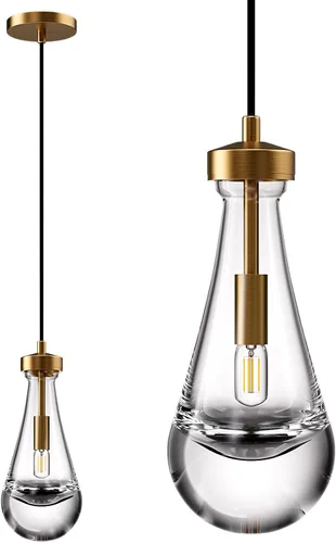 Lámpara colgante moderna, diseño de gota de lluvia, lámpara de techo de cristal para interiores, 5 pies de profundidad x 12.5 pies de alto, latón,
