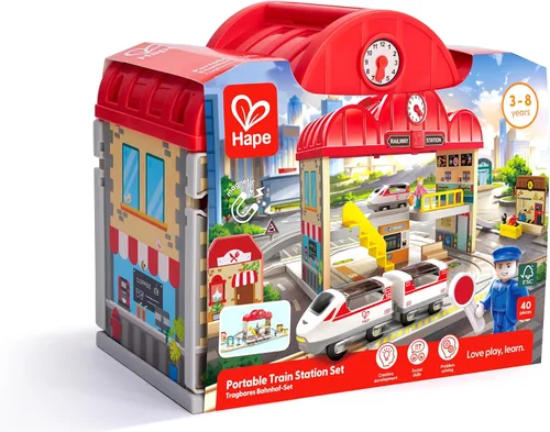 Miniatura 7 de Hape Juego de estación de tren de madera portátil, juego de tren para niños, rieles, estación de tren y personajes, fácil de transportar