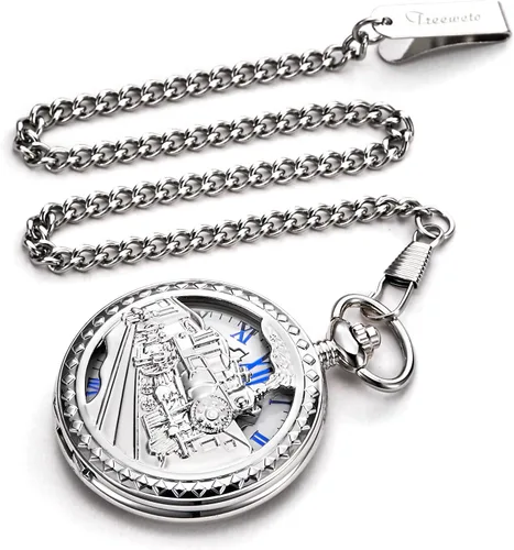 Miniatura 5 de Reloj de bolsillo mecánico antiguo para hombre y mujer, esqueleto plateado, tren de vapor, ferrocarril, números romanos, plateado, Mecánico