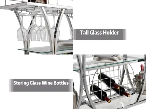 Miniatura 2 de Carritos de barra plateados con soportes de vidrio y estante para vino, carritos de servicio de bar casero de 3 niveles con estantes de vidrio